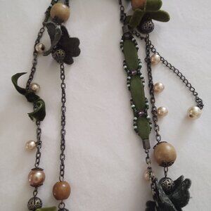 'Bits & Piece•s' 🍃Velvet-Green & Pearl⚪ Necklace~ Longer•Length